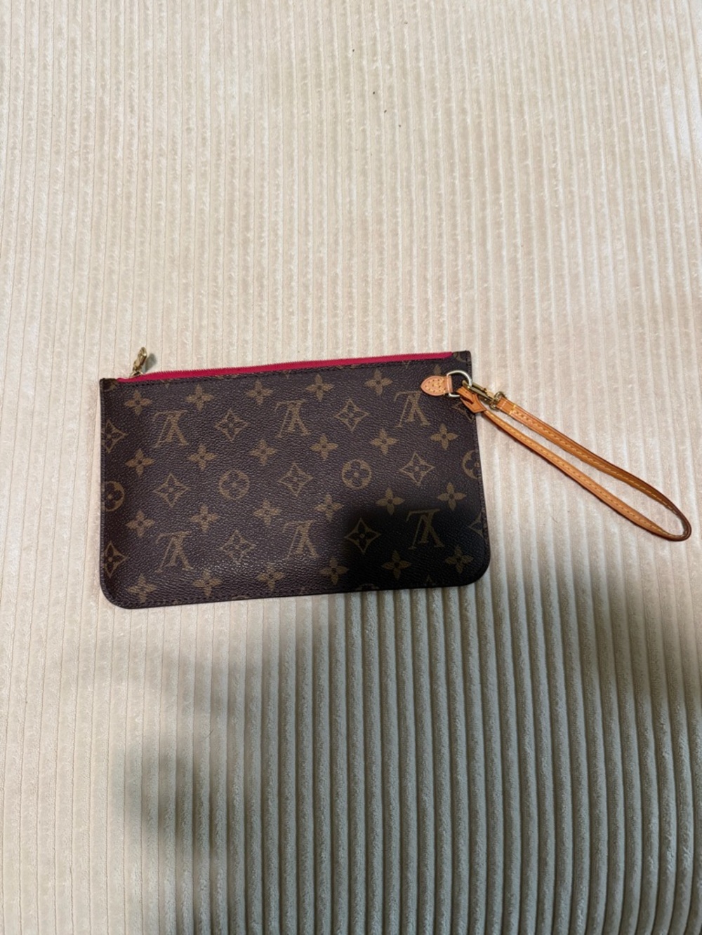 Louis Vuitton Monogram Wristlet with Red Zipper and Tan Strap